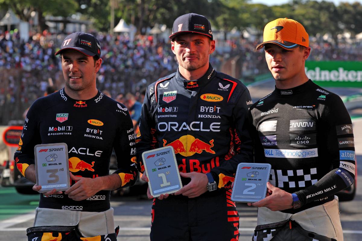Top three in Sprint parc ferme (L to R): Sergio Perez (MEX) Red Bull Racing, third; Max Verstappen (NLD) Red Bull Racing, winner; Lando Norris (GBR) McLaren, second. 04.11.2023. Formula 1 World Championship, Rd 21, Brazilian Grand Prix, Sao Paulo, Brazil, Sprint Day. - www.xpbimages.com, EMail: requests@xpbimages.com © Copyright: Staley / XPB Images
