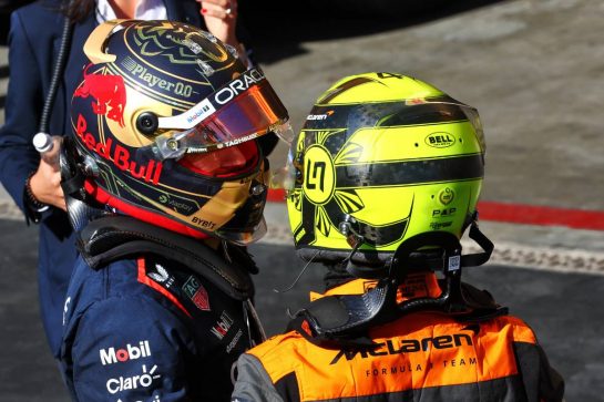 (L to R): Race winner Max Verstappen (NLD) Red Bull Racing in parc ferme with second placed Lando Norris (GBR) McLaren.
05.11.2023. Formula 1 World Championship, Rd 21, Brazilian Grand Prix, Sao Paulo, Brazil, Race Day.
- www.xpbimages.com, EMail: requests@xpbimages.com © Copyright: Batchelor / XPB Images