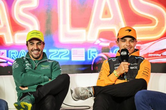 (L to R): Fernando Alonso (ESP) Aston Martin F1 Team and Lando Norris (GBR) McLaren in the FIA Press Conference.
15.11.2023. Formula 1 World Championship, Rd 22, Las Vegas Grand Prix, Las Vegas, Nevada, USA, Preparation Day.
- www.xpbimages.com, EMail: requests@xpbimages.com © Copyright: XPB Images