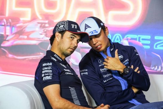 (L to R): Sergio Perez (MEX) Red Bull Racing and Alexander Albon (THA) Williams Racing in the FIA Press Conference.
15.11.2023. Formula 1 World Championship, Rd 22, Las Vegas Grand Prix, Las Vegas, Nevada, USA, Preparation Day.
- www.xpbimages.com, EMail: requests@xpbimages.com © Copyright: XPB Images
