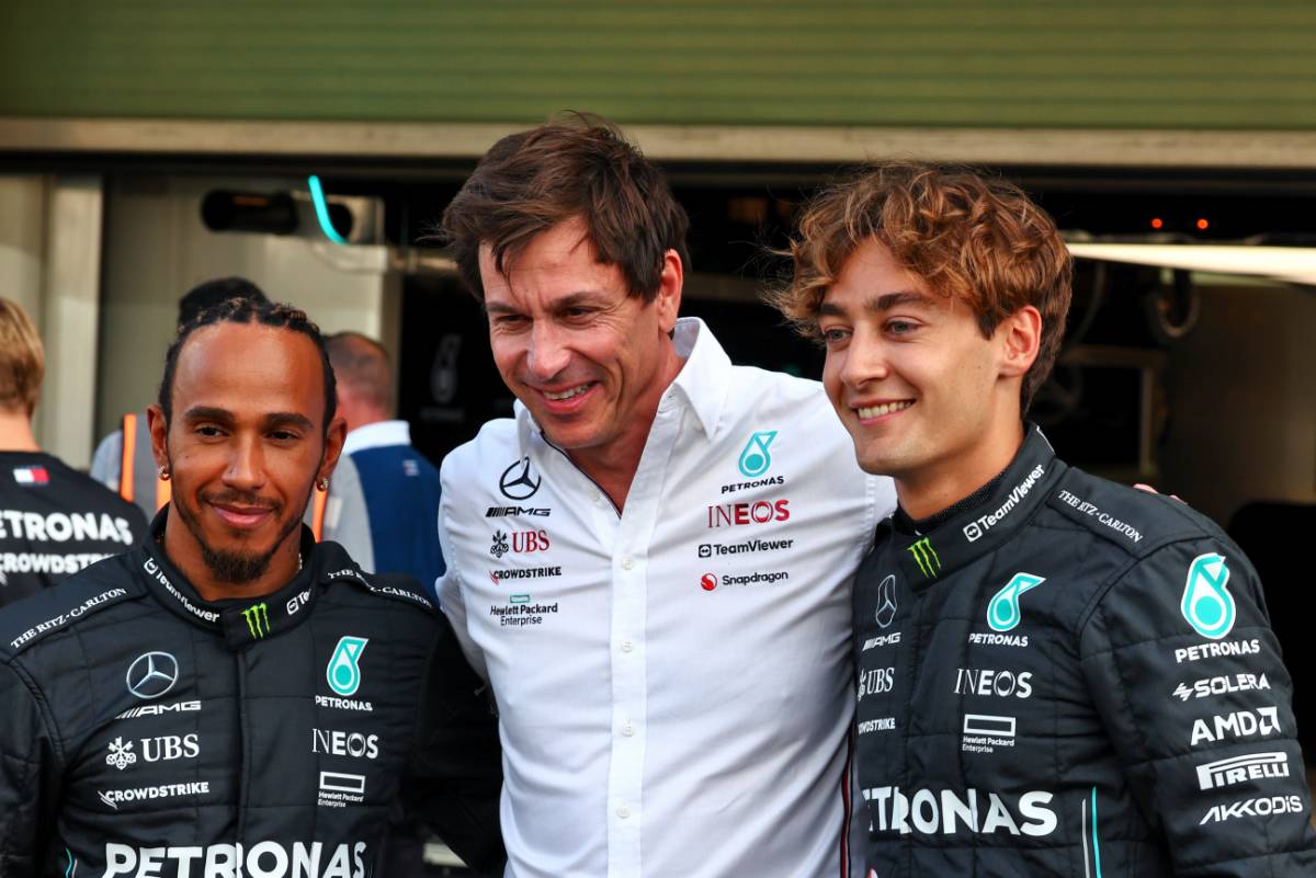 (L to R): Lewis Hamilton (GBR) Mercedes AMG F1 with Toto Wolff (GER) Mercedes AMG F1 Shareholder and Executive Director and George Russell (GBR) Mercedes AMG F1. 23.11.2023. Formula 1 World Championship, Rd 23, Abu Dhabi Grand Prix, Yas Marina Circuit, Abu Dhabi, Preparation Day. - www.xpbimages.com, EMail: requests@xpbimages.com © Copyright: Coates / XPB Images