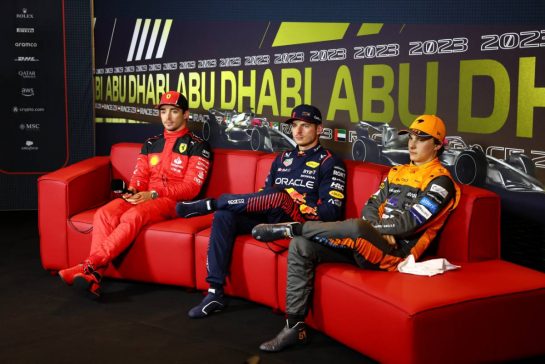 (L to R): Charles Leclerc (MON) Ferrari; Max Verstappen (NLD) Red Bull Racing; and Oscar Piastri (AUS) McLaren, in the post qualifying FIA Press Conference.
25.11.2023. Formula 1 World Championship, Rd 23, Abu Dhabi Grand Prix, Yas Marina Circuit, Abu Dhabi, Qualifying Day.
 - www.xpbimages.com, EMail: requests@xpbimages.com © Copyright: Coates / XPB Images