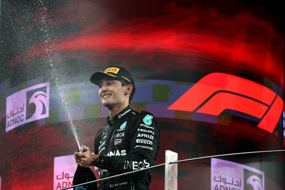 George Russell (GBR) Mercedes AMG F1 celebrates his third position on the podium. 26.11.2023. Formula 1 World Championship, Rd 23, Abu Dhabi Grand Prix, Yas Marina Circuit, Abu Dhabi, Race Day. - www.xpbimages.com, EMail: requests@xpbimages.com © Copyright: Moy / XPB Images