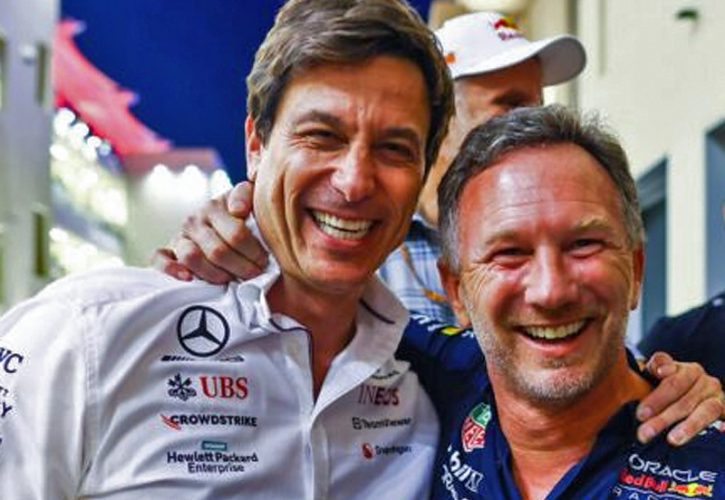 Mercedes boss Toto Wolff and Red Bull principal Christian Horner after the 2023 season finale in Abu Dhabi.