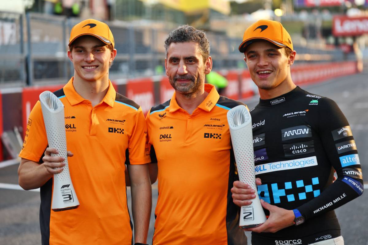 (L to R): Oscar Piastri (AUS) McLaren celebrates his third position with Andrea Stella (ITA) McLaren Team Principal and second placed team mate Lando Norris (GBR) McLaren. 24.09.2023. Formula 1 World Championship, Rd 17, Japanese Grand Prix, Suzuka, Japan, Race Day. - www.xpbimages.com, EMail: requests@xpbimages.com © Copyright: Batchelor / XPB Images