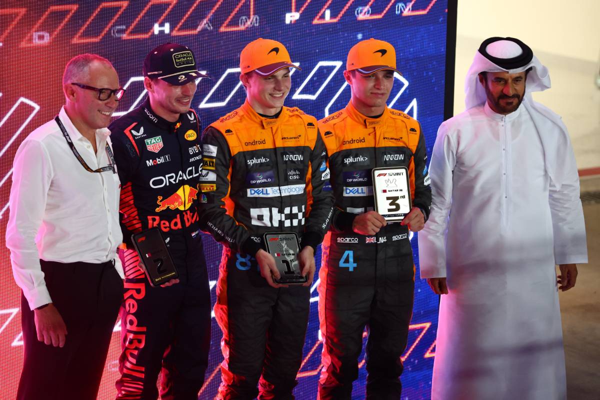 Sprint race winner Oscar Piastri (AUS) McLaren with 2nd Max Verstappen (NLD) Red Bull Racing and Lando Norris (GBR) McLaren. 07.10.2023. Formula 1 World Championship, Rd 18, Qatar Grand Prix, Doha, Qatar, Sprint Day. - www.xpbimages.com, EMail: requests@xpbimages.com © Copyright: Batchelor / XPB Images