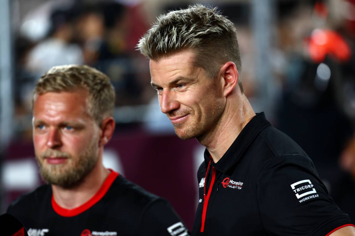 Nico Hulkenberg (GER) Haas F1 Team and Kevin Magnussen (DEN) Haas F1 Team on the drivers' parade. 08.10.2023. Formula 1 World Championship, Rd 18, Qatar Grand Prix, Doha, Qatar, Race Day. - www.xpbimages.com, EMail: requests@xpbimages.com © Copyright: Coates / XPB Images