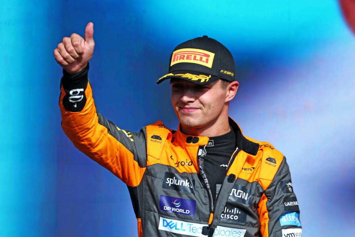 Lando Norris (GBR) McLaren celebrates his second position on the podium. 05.11.2023. Formula 1 World Championship, Rd 21, Brazilian Grand Prix, Sao Paulo, Brazil, Race Day. - www.xpbimages.com, EMail: requests@xpbimages.com © Copyright: Coates / XPB Images