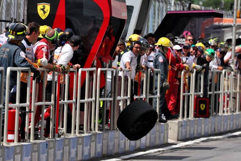 An errant wheel carcass from George Russell (GBR) Mercedes AMG F1 W14 in the pits. 18.06.2023. Formula 1 World Championship, Rd 9, Canadian Grand Prix, Montreal, Canada, Race Day. - www.xpbimages.com, EMail: requests@xpbimages.com © Copyright: Batchelor / XPB Images