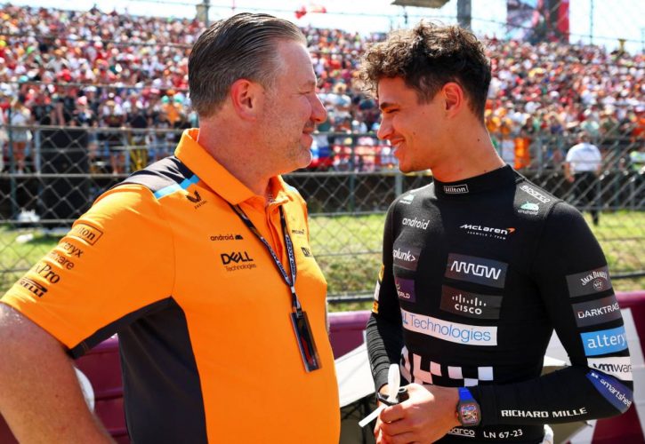 (L to R): Zak Brown (USA) McLaren Executive Director with Lando Norris (GBR) McLaren on the grid. 23.07.2023. Formula 1 World Championship, Rd 12, Hungarian Grand Prix, Budapest, Hungary, Race Day. - www.xpbimages.com, EMail: requests@xpbimages.com © Copyright: Coates / XPB Images
