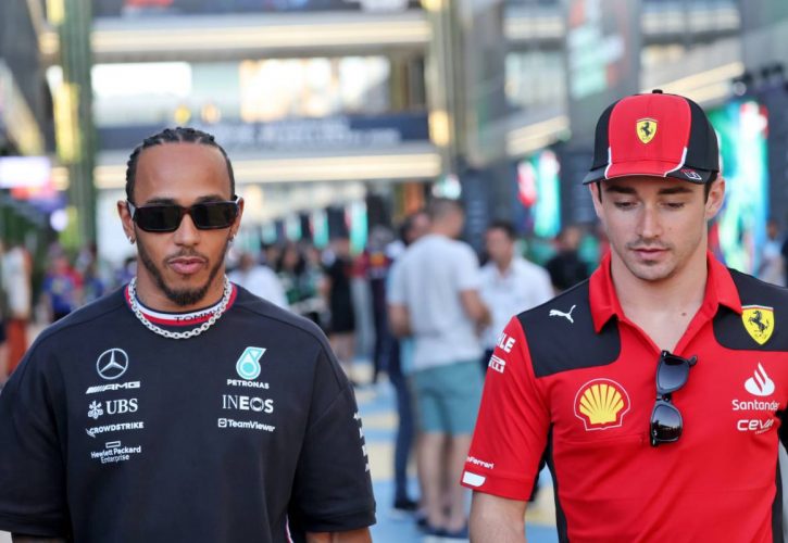 (L to R): Lewis Hamilton (GBR) Mercedes AMG F1 with Charles Leclerc (MON) Ferrari. 16.03.2023. Formula 1 World Championship, Rd 2, Saudi Arabian Grand Prix, Jeddah, Saudi Arabia, Preparation Day. - www.xpbimages.com, EMail: requests@xpbimages.com © Copyright: Bearne / XPB Images