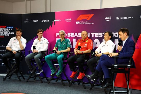 (L to R): Toto Wolff (GER) Mercedes AMG F1 Shareholder and Executive Director; James Vowles (GBR) Williams Racing Team Principal; Mike Krack (LUX) Aston Martin F1 Team, Team Principal; Frederic Vasseur (FRA) Ferrari Team Principal; Ayao Komatsu (JPN) Haas F1 Team Principal; Tom Clarkson (GBR) Journalist, in ther FIA Press Conference.
21.02.2024. Formula 1 Testing, Sakhir, Bahrain, Day One.
- www.xpbimages.com, EMail: requests@xpbimages.com © Copyright: Charniaux / XPB Images