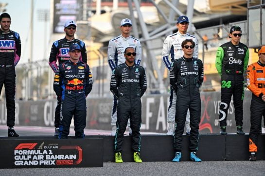 Drivers' Class of 2024 group photograph (L to R): Max Verstappen (NLD) Red Bull Racing; Lewis Hamilton (GBR) Mercedes AMG F1; and George Russell (GBR) Mercedes AMG F1.
02.03.2024. Formula 1 World Championship, Rd 1, Bahrain Grand Prix, Sakhir, Bahrain, Race Day.
- www.xpbimages.com, EMail: requests@xpbimages.com © Copyright: Price / XPB Images