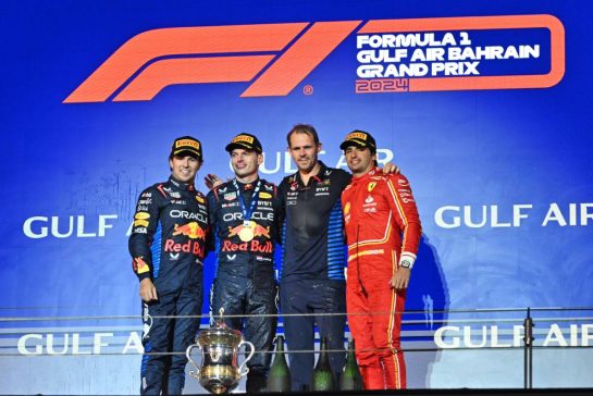The podium (L to R): Sergio Perez (MEX) Red Bull Racing, second; Max Verstappen (NLD) Red Bull Racing, race winner; Tom Hart (GBR) Red Bull Racing Performance Engineer; Carlos Sainz Jr (ESP) Ferrari, third.
02.03.2024. Formula 1 World Championship, Rd 1, Bahrain Grand Prix, Sakhir, Bahrain, Race Day.
- www.xpbimages.com, EMail: requests@xpbimages.com © Copyright: Price / XPB Images