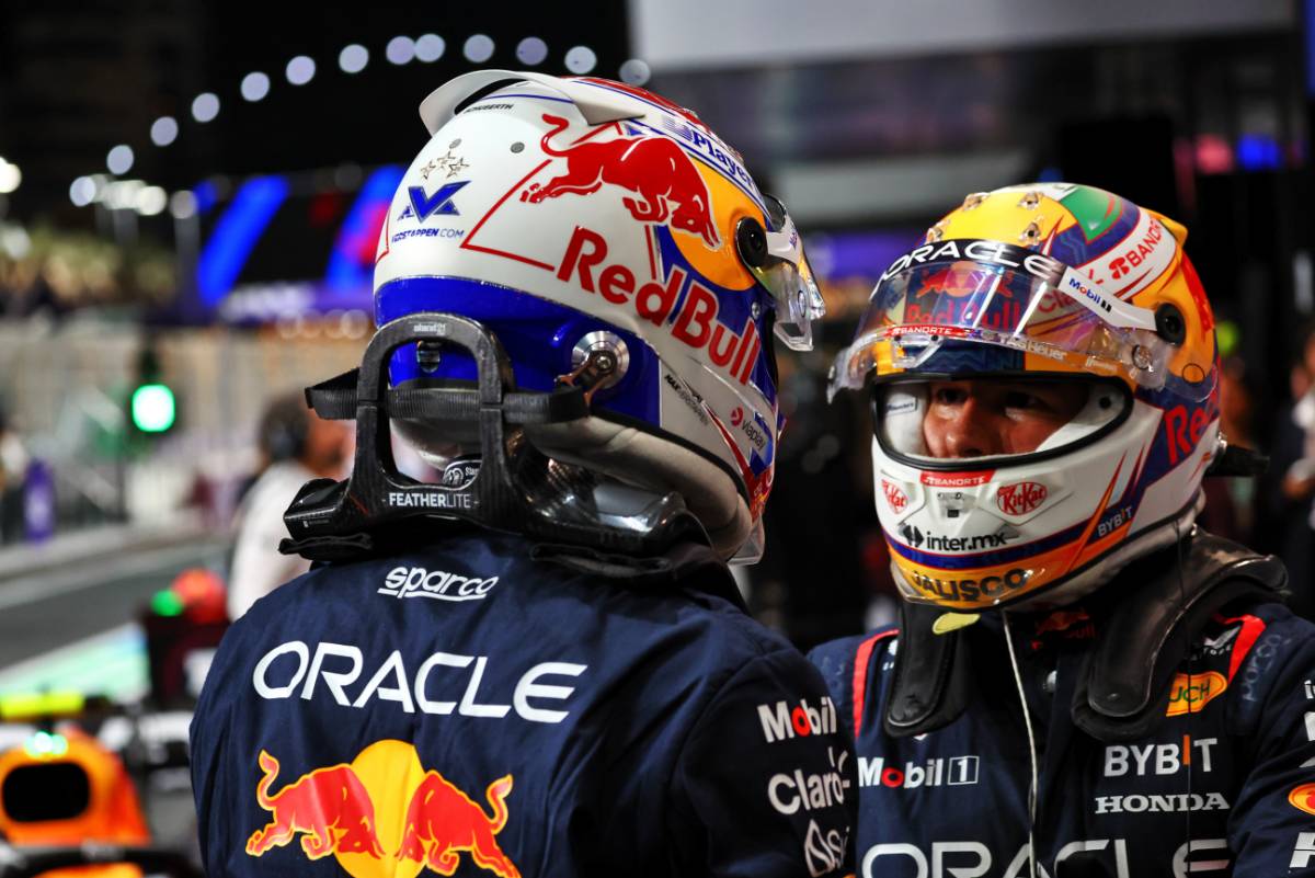 (L to R): pole sitter Max Verstappen (NLD) Red Bull Racing in qualifying parc ferme with team mate Sergio Perez (MEX) Red Bull Racing.
08.03.2024. Formula 1 World Championship, Rd 2, Saudi Arabian Grand Prix, Jeddah, Saudi Arabia, Qualifying Day.
- www.xpbimages.com, EMail: requests@xpbimages.com © Copyright: Charniaux / XPB Images