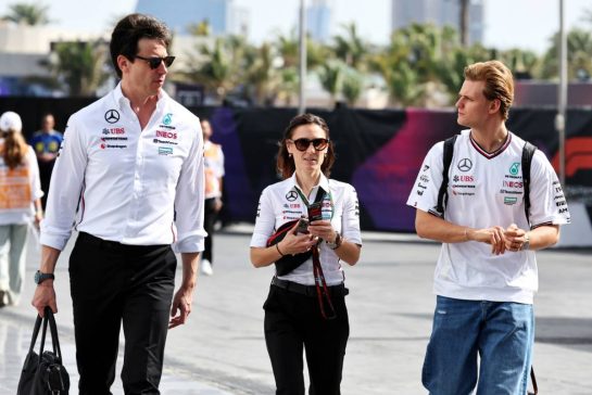 Toto Wolff (GER) Mercedes AMG F1 Shareholder and Executive Director (Left) and Mick Schumacher (GER) Mercedes AMG F1 Reserve Driver (Right).
09.03.2024. Formula 1 World Championship, Rd 2, Saudi Arabian Grand Prix, Jeddah, Saudi Arabia, Race Day.
- www.xpbimages.com, EMail: requests@xpbimages.com © Copyright: Moy / XPB Images