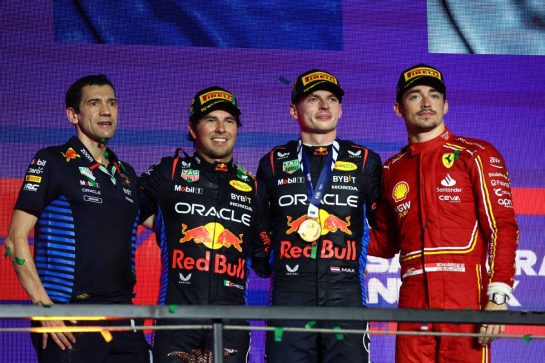 Jerome LaFarge,  Head of materials sciences, Red Bull Racing with 2nd place Sergio Perez (MEX) Red Bull Racing RB20, 1st place Max Verstappen (NLD) Red Bull Racing RB20 and 3rd place Charles Leclerc (MON) Ferrari F1-24.
09.03.2024. Formula 1 World Championship, Rd 2, Saudi Arabian Grand Prix, Jeddah, Saudi Arabia, Race Day.
- www.xpbimages.com, EMail: requests@xpbimages.com © Copyright: Batchelor / XPB Images