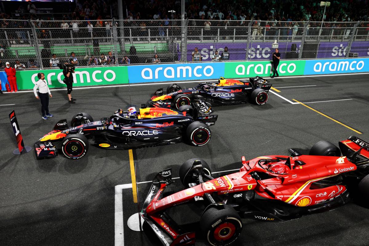 Race winner Max Verstappen (NLD) Red Bull Racing RB20 in parc ferme with second placed Sergio Perez (MEX) Red Bull Racing RB20 and third placed Charles Leclerc (MON) Ferrari SF-24.
09.03.2024. Formula 1 World Championship, Rd 2, Saudi Arabian Grand Prix, Jeddah, Saudi Arabia, Race Day.
- www.xpbimages.com, EMail: requests@xpbimages.com © Copyright: Bearne / XPB Images