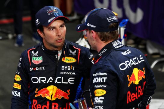 (L to R): second placed Sergio Perez (MEX) Red Bull Racing with team mate and race winner Max Verstappen (NLD) Red Bull Racing in parc ferme.
09.03.2024. Formula 1 World Championship, Rd 2, Saudi Arabian Grand Prix, Jeddah, Saudi Arabia, Race Day.
- www.xpbimages.com, EMail: requests@xpbimages.com © Copyright: Coates / XPB Images