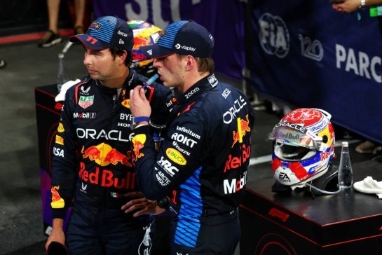 (L to R): second placed Sergio Perez (MEX) Red Bull Racing with team mate and race winner Max Verstappen (NLD) Red Bull Racing in parc ferme.
09.03.2024. Formula 1 World Championship, Rd 2, Saudi Arabian Grand Prix, Jeddah, Saudi Arabia, Race Day.
- www.xpbimages.com, EMail: requests@xpbimages.com © Copyright: Coates / XPB Images