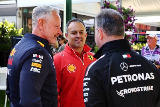 (L to R): Jonathan Wheatley (GBR) Red Bull Racing Team Manager with Diego Ioverno (ITA) Ferrari Sporting Director and Ron Meadows (GBR) Mercedes AMG F1 Sporting Director.
22.03.2024. Formula 1 World Championship, Rd 3, Australian Grand Prix, Albert Park, Melbourne, Australia, Practice Day.
- www.xpbimages.com, EMail: requests@xpbimages.com © Copyright: Batchelor / XPB Images