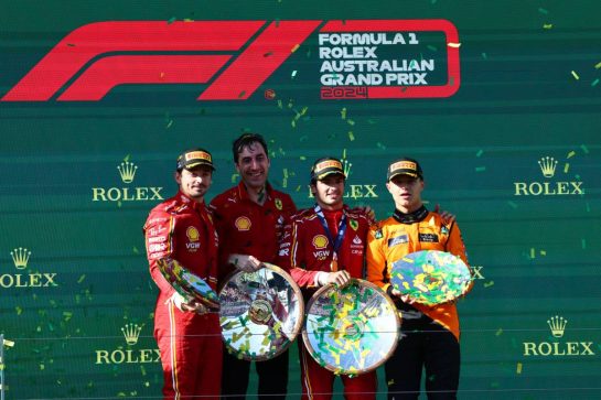 1st place Carlos Sainz Jr (ESP) Ferrari, 2nd place Charles Leclerc (MON) Ferrari and 3rd place Lando Norris (GBR) McLaren. 24.03.2024. Formula 1 World Championship, Rd 3, Australian Grand Prix, Albert Park, Melbourne, Australia, Race Day. - www.xpbimages.com, EMail: requests@xpbimages.com © Copyright: Batchelor / XPB Images