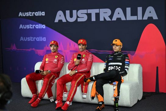(L to R): Charles Leclerc (MON) Ferrari; Carlos Sainz Jr (ESP) Ferrari; and Lando Norris (GBR) McLaren, in the post race FIA Press Conference.
24.03.2024. Formula 1 World Championship, Rd 3, Australian Grand Prix, Albert Park, Melbourne, Australia, Race Day.
- www.xpbimages.com, EMail: requests@xpbimages.com © Copyright: XPB Images