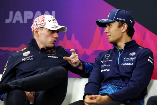 (L to R): Max Verstappen (NLD) Red Bull Racing and Alexander Albon (THA) Williams Racing in the FIA Press Conference.
04.04.2024. Formula 1 World Championship, Rd 4, Japanese Grand Prix, Suzuka, Japan, Preparation Day.
- www.xpbimages.com, EMail: requests@xpbimages.com © Copyright: Moy / XPB Images