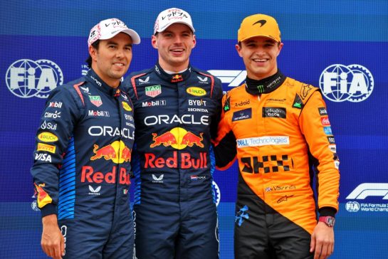 Qualifying top three in parc ferme (L to R): Sergio Perez (MEX) Red Bull Racing, second; Max Verstappen (NLD) Red Bull Racing, pole position; Lando Norris (GBR) McLaren, third.
06.04.2024. Formula 1 World Championship, Rd 4, Japanese Grand Prix, Suzuka, Japan, Qualifying Day.
- www.xpbimages.com, EMail: requests@xpbimages.com © Copyright: Batchelor / XPB Images