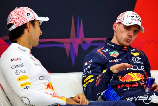 (L to R): Sergio Perez (MEX) Red Bull Racing and team mate Max Verstappen (NLD) Red Bull Racing in the post qualifying FIA Press Conference.
06.04.2024. Formula 1 World Championship, Rd 4, Japanese Grand Prix, Suzuka, Japan, Qualifying Day.
- www.xpbimages.com, EMail: requests@xpbimages.com © Copyright: Batchelor / XPB Images
