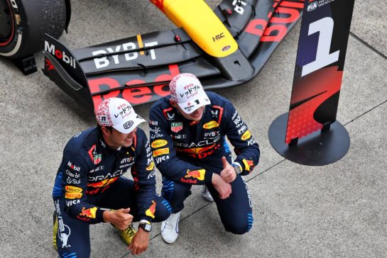 Race winner Max Verstappen (NLD) Red Bull Racing RB20 celebrates with second placed team mate Sergio Perez (MEX) Red Bull Racing in parc ferme.
07.04.2024. Formula 1 World Championship, Rd 4, Japanese Grand Prix, Suzuka, Japan, Race Day.
- www.xpbimages.com, EMail: requests@xpbimages.com © Copyright: Moy / XPB Images