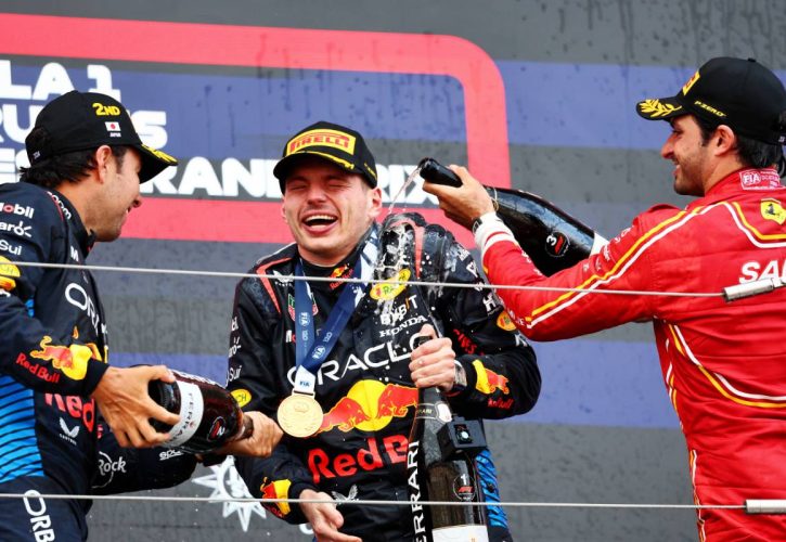 The podium (L to R): Sergio Perez (MEX) Red Bull Racing, second; Max Verstappen (NLD) Red Bull Racing, race winner; Carlos Sainz Jr (ESP) Ferrari, third. 07.04.2024. Formula 1 World Championship, Rd 4, Japanese Grand Prix, Suzuka, Japan, Race Day. - www.xpbimages.com, EMail: requests@xpbimages.com © Copyright: Charniaux / XPB Images