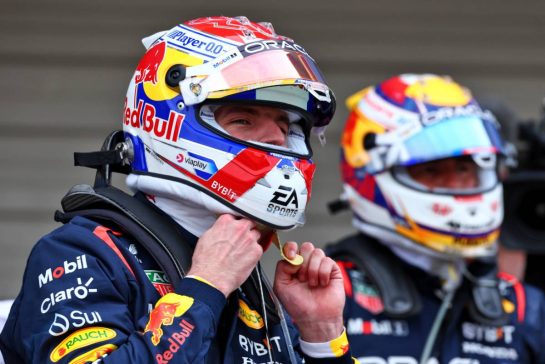 Race winner Max Verstappen (NLD) Red Bull Racing with second placed team mate Sergio Perez (MEX) Red Bull Racing in parc ferme.
07.04.2024. Formula 1 World Championship, Rd 4, Japanese Grand Prix, Suzuka, Japan, Race Day.
 - www.xpbimages.com, EMail: requests@xpbimages.com © Copyright: Coates / XPB Images