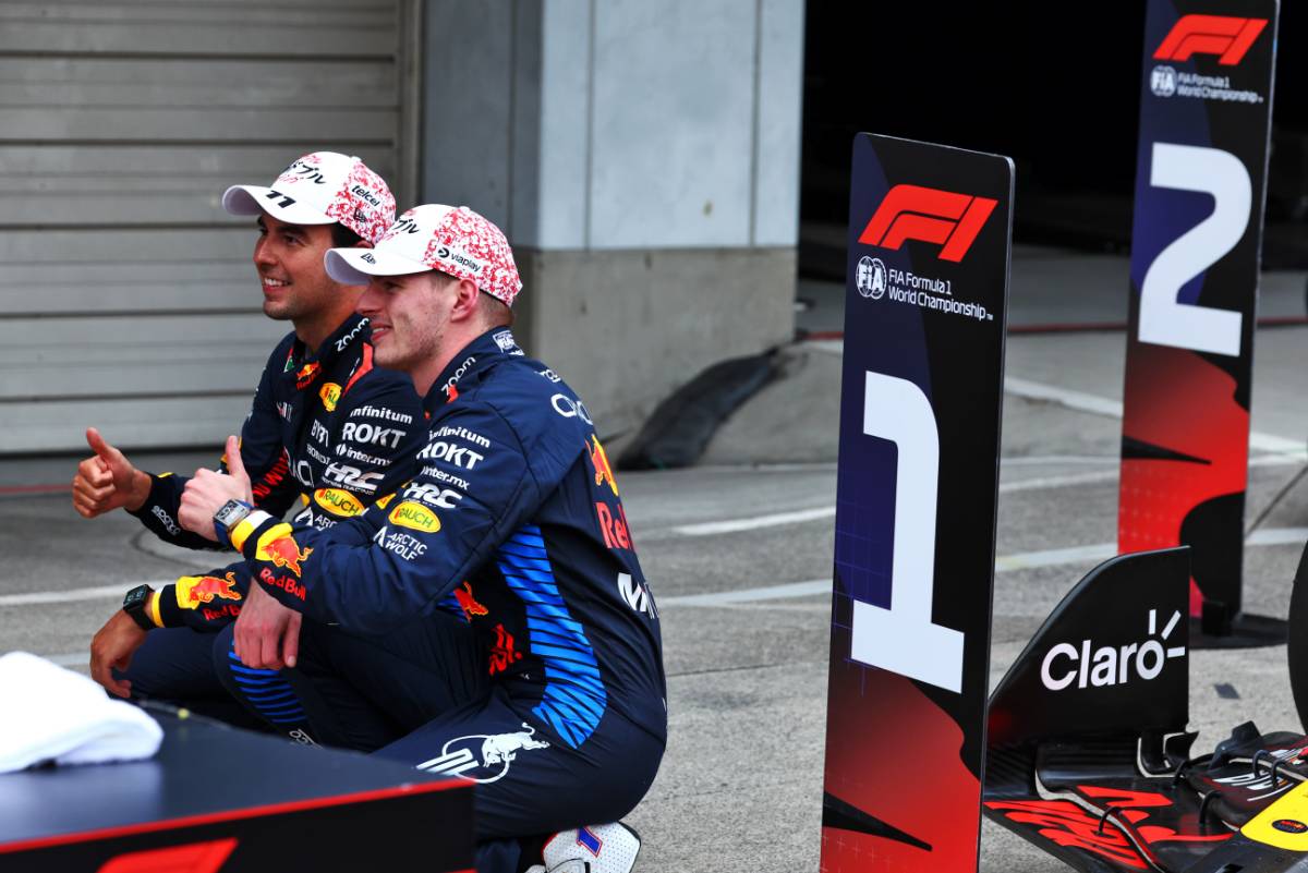 Race winner Max Verstappen (NLD) Red Bull Racing with second placed team mate Sergio Perez (MEX) Red Bull Racing in parc ferme. 07.04.2024. Formula 1 World Championship, Rd 4, Japanese Grand Prix, Suzuka, Japan, Race Day. - www.xpbimages.com, EMail: requests@xpbimages.com © Copyright: Coates / XPB Images