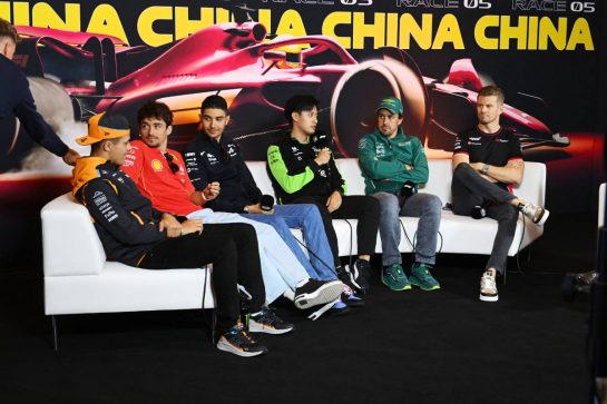 (L to R): Lando Norris (GBR) McLaren; Charles Leclerc (MON) Ferrari; Esteban Ocon (FRA) Alpine F1 Team; Zhou Guanyu (CHN) Sauber; Fernando Alonso (ESP) Aston Martin F1 Team; and Nico Hulkenberg (GER) Haas F1 Team, in the FIA Press Conference.
18.04.2024. Formula 1 World Championship, Rd 5, Chinese Grand Prix, Shanghai, China, Preparation Day.
- www.xpbimages.com, EMail: requests@xpbimages.com © Copyright: XPB Images