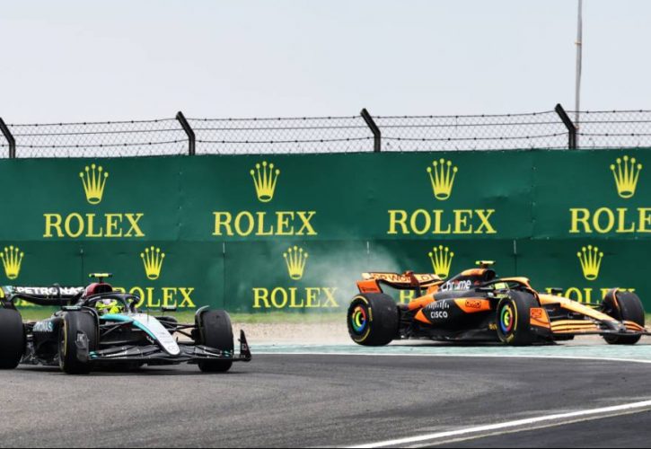 Lewis Hamilton (GBR) Mercedes AMG F1 W15 and Lando Norris (GBR) McLaren MCL38 at the start of Sprint. 20.04.2024. Formula 1 World Championship, Rd 5, Chinese Grand Prix, Shanghai, China, Sprint and Qualifying Day. - www.xpbimages.com, EMail: requests@xpbimages.com © Copyright: Bearne / XPB Images