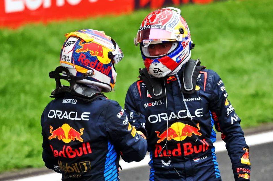 Race winner Max Verstappen (NLD) Red Bull Racing (Right) celebrates with third placed team mate Sergio Perez (MEX) Red Bull Racing in parc ferme. 21.04.2024. Formula 1 World Championship, Rd 5, Chinese Grand Prix, Shanghai, China, Race Day. - www.xpbimages.com, EMail: requests@xpbimages.com © Copyright: Batchelor / XPB Images