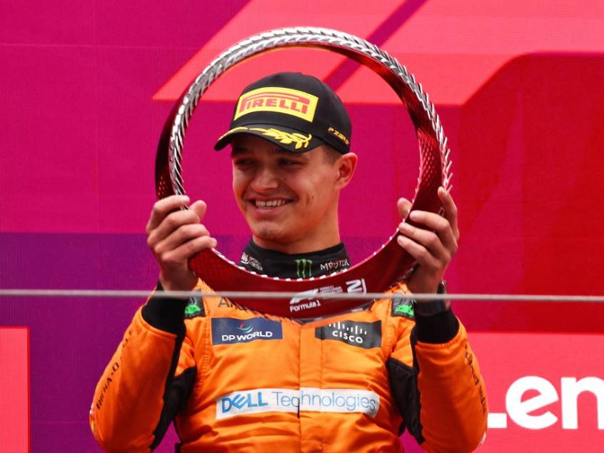 Lando Norris (GBR) McLaren celebrates his second position on the podium. 21.04.2024. Formula 1 World Championship, Rd 5, Chinese Grand Prix, Shanghai, China, Race Day. - www.xpbimages.com, EMail: requests@xpbimages.com © Copyright: Batchelor / XPB Images