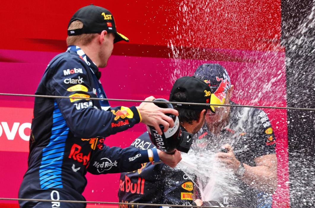 Race winner Max Verstappen (NLD) Red Bull Racing celebrates on the podium. 21.04.2024. Formula 1 World Championship, Rd 5, Chinese Grand Prix, Shanghai, China, Race Day. - www.xpbimages.com, EMail: requests@xpbimages.com © Copyright: Batchelor / XPB Images