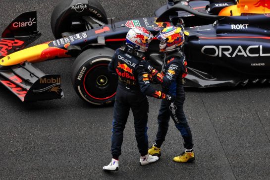 Race winner Max Verstappen (NLD) Red Bull Racing RB20 celebrates in parc ferme with team mate Sergio Perez (MEX) Red Bull Racing.
21.04.2024. Formula 1 World Championship, Rd 5, Chinese Grand Prix, Shanghai, China, Race Day.
 - www.xpbimages.com, EMail: requests@xpbimages.com © Copyright: Coates / XPB Images
