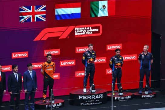 The podium (L to R): Lando Norris (GBR) McLaren, second; Max Verstappen (NLD) Red Bull Racing, race winner; Sergio Perez (MEX) Red Bull Racing, third; Paul Monaghan (GBR) Red Bull Racing Chief Engineer.
21.04.2024. Formula 1 World Championship, Rd 5, Chinese Grand Prix, Shanghai, China, Race Day.
 - www.xpbimages.com, EMail: requests@xpbimages.com © Copyright: Coates / XPB Images