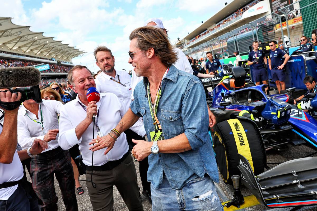 Brad Pitt (USA) Actor with Martin Brundle (GBR) Sky Sports Commentator on the grid.
23.10.2022. Formula 1 World Championship, Rd 19, United States Grand Prix, Austin, Texas, USA, Race Day.
- www.xpbimages.com, EMail: requests@xpbimages.com © Copyright: Batchelor / XPB Images