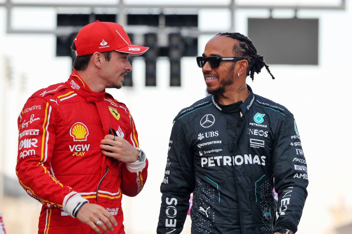(L to R): Charles Leclerc (MON) Ferrari with Lewis Hamilton (GBR) Mercedes AMG F1.
02.03.2024. Formula 1 World Championship, Rd 1, Bahrain Grand Prix, Sakhir, Bahrain, Race Day.
 - www.xpbimages.com, EMail: requests@xpbimages.com © Copyright: Staley / XPB Images