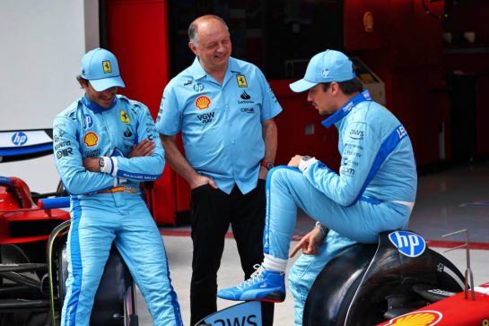 (L to R): Carlos Sainz Jr (ESP) Ferrari; Frederic Vasseur (FRA) Ferrari Team Principal; and Charles Leclerc (MON) Ferrari - blue race suit and team kit.
02.05.2024. Formula 1 World Championship, Rd 6, Miami Grand Prix, Miami, Florida, USA, Preparation Day.
- www.xpbimages.com, EMail: requests@xpbimages.com © Copyright: Charniaux / XPB Images
