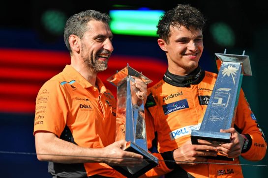 (L to R): Andrea Stella (ITA) McLaren Team Principal and race winner Lando Norris (GBR) McLaren celebrate on the podium.
05.05.2024. Formula 1 World Championship, Rd 6, Miami Grand Prix, Miami, Florida, USA, Race Day.
- www.xpbimages.com, EMail: requests@xpbimages.com © Copyright: Price / XPB Images