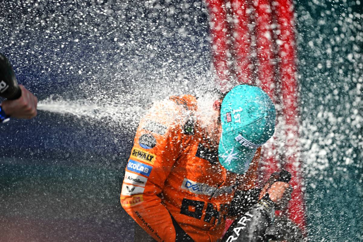 Race winner Lando Norris (GBR) McLaren celebrates on the podium.
05.05.2024. Formula 1 World Championship, Rd 6, Miami Grand Prix, Miami, Florida, USA, Race Day.
- www.xpbimages.com, EMail: requests@xpbimages.com © Copyright: Price / XPB Images
