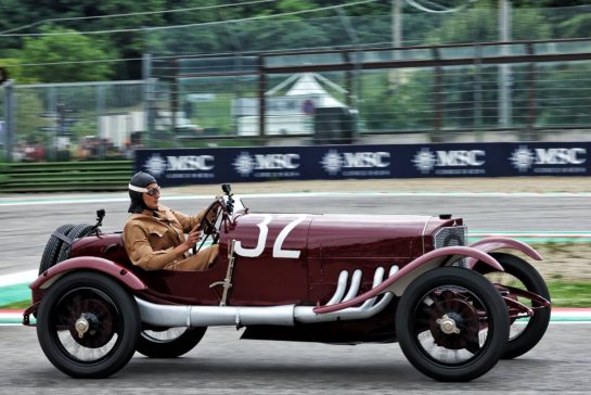 George Russell (GBR) Mercedes AMG F1 in vintage race overalls in a 1924 Targa Florio Mercedes racing car.
16.05.2024. Formula 1 World Championship, Rd 7, Emilia Romagna Grand Prix, Imola, Italy, Preparation Day.
 - www.xpbimages.com, EMail: requests@xpbimages.com © Copyright: Staley / XPB Images