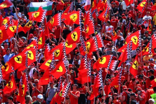 Circuit atmosphere - Ferrari fans in the grandstand.
19.05.2024. Formula 1 World Championship, Rd 7, Emilia Romagna Grand Prix, Imola, Italy, Race Day.
 - www.xpbimages.com, EMail: requests@xpbimages.com © Copyright: Coates / XPB Images