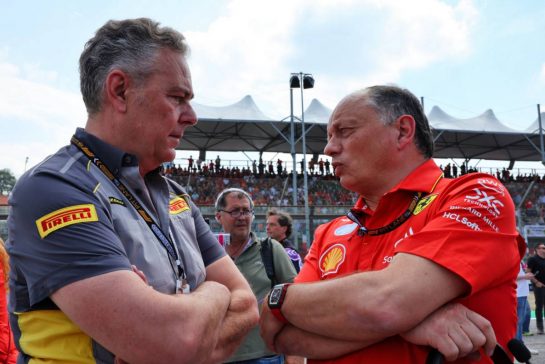 (L to R): Mario Isola (ITA) Pirelli Racing Manager with Frederic Vasseur (FRA) Ferrari Team Principal on the grid.
19.05.2024. Formula 1 World Championship, Rd 7, Emilia Romagna Grand Prix, Imola, Italy, Race Day.
- www.xpbimages.com, EMail: requests@xpbimages.com © Copyright: Batchelor / XPB Images