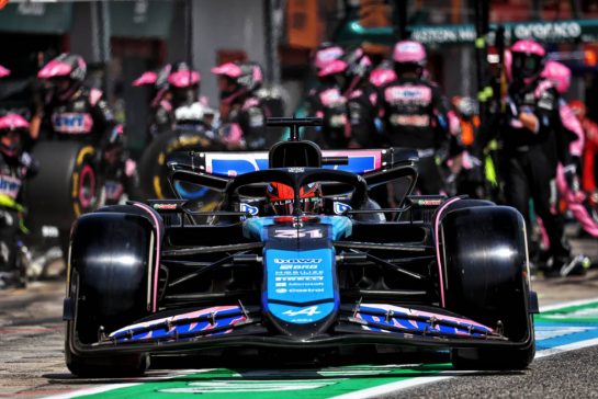 Esteban Ocon (FRA) Alpine F1 Team A524 makes a pit stop.
19.05.2024. Formula 1 World Championship, Rd 7, Emilia Romagna Grand Prix, Imola, Italy, Race Day.
- www.xpbimages.com, EMail: requests@xpbimages.com © Copyright: Charniaux / XPB Images